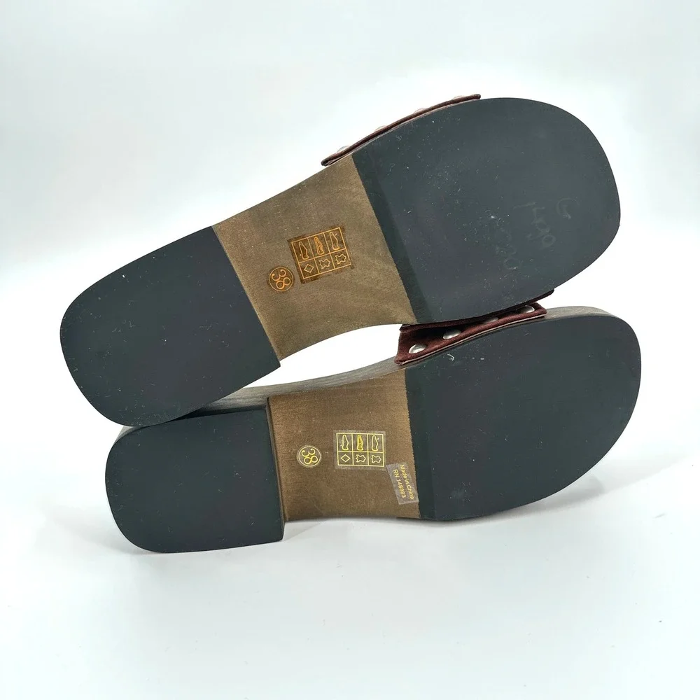 Bibi‎ Lou Women Brown Suede Studded Wood Sole Slide Sandals Clogs 38 / US 7.5